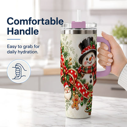 #pl[40oz|Pink] Christmas Snowman Tumbler, 40oz Handled Stainless Steel Drinkware