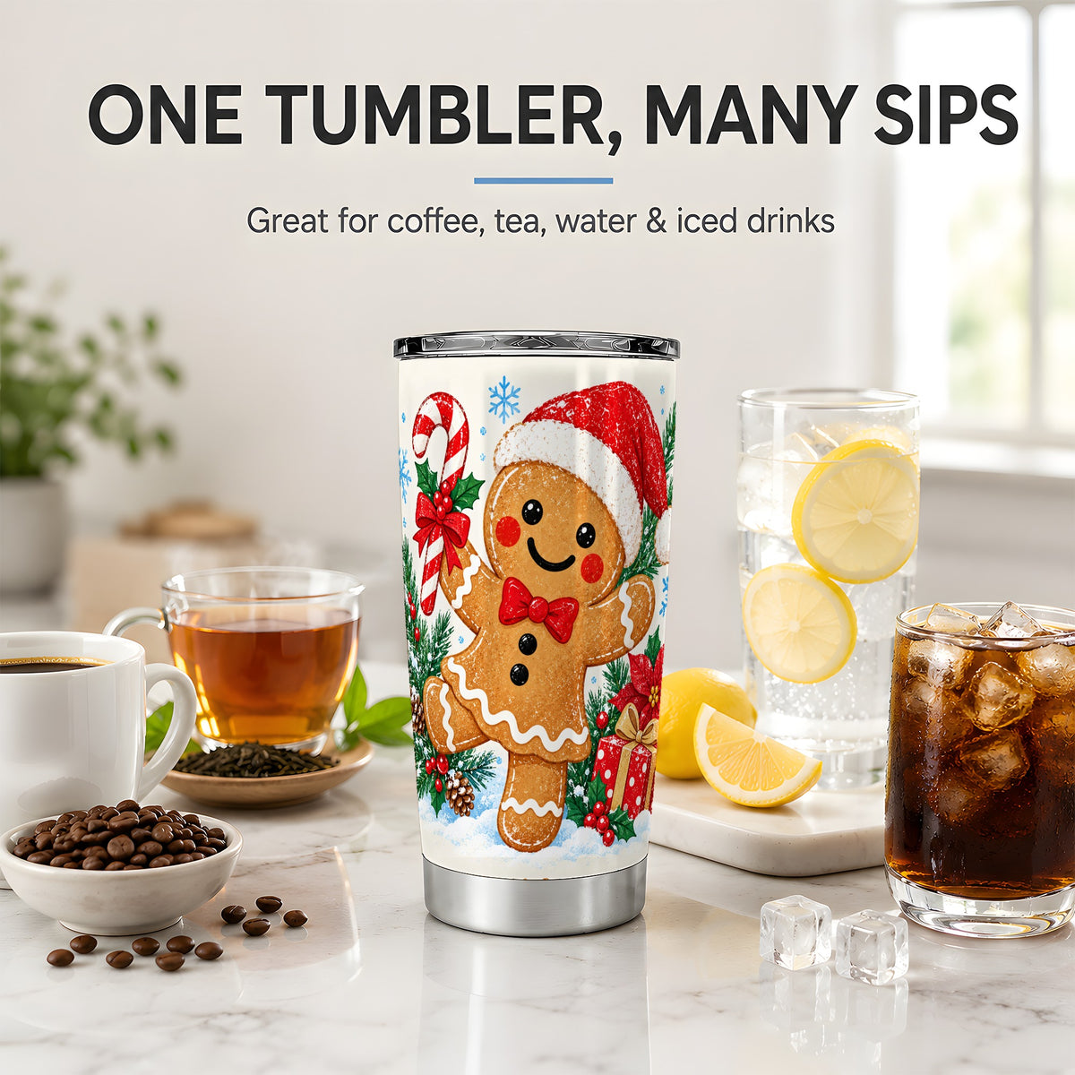 Christmas Gingerbread Man 20oz Tumbler, Cute Holiday Cookie Artwork