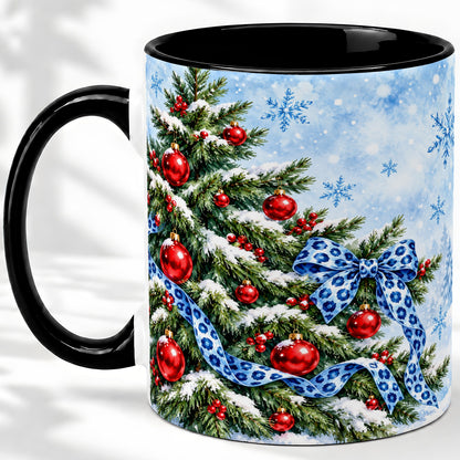 #pl[11oz|Black] Blue Leopard Bow Christmas Tree Accent Mug, Ceramic Coffee Cup