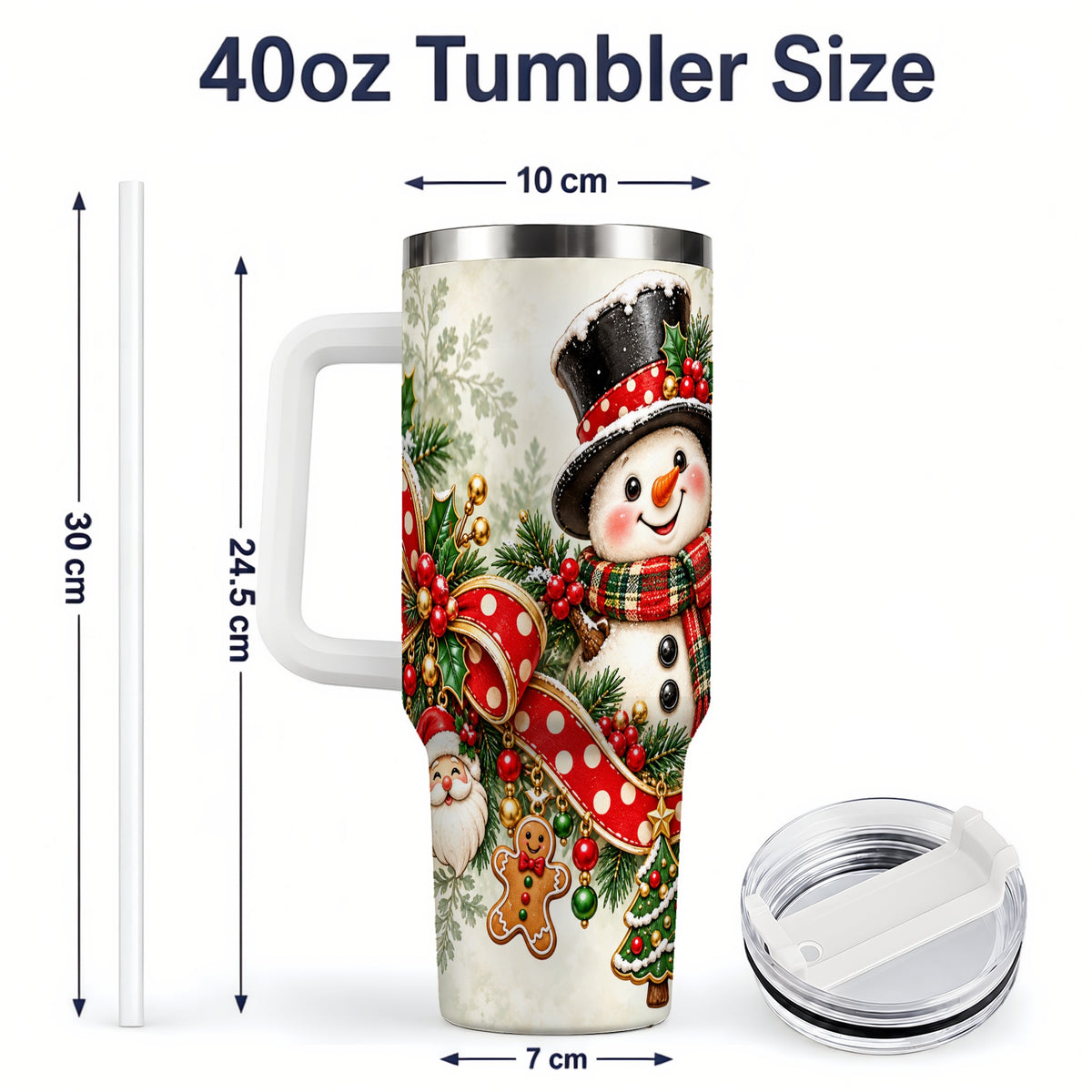 #pl[40oz|White] Christmas Snowman Tumbler, 40oz Handled Stainless Steel Drinkware