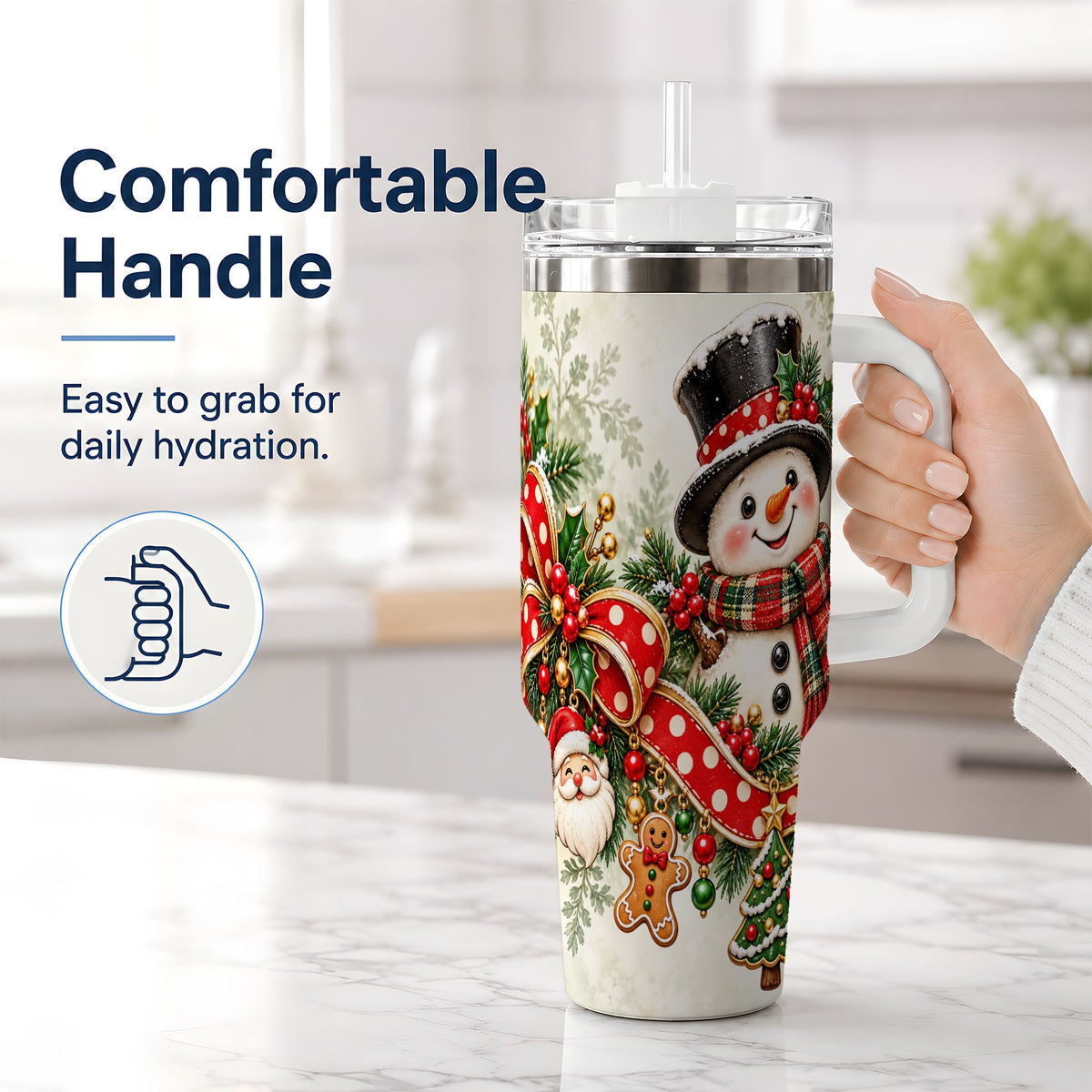 #pl[40oz|White] Christmas Snowman Tumbler, 40oz Handled Stainless Steel Drinkware
