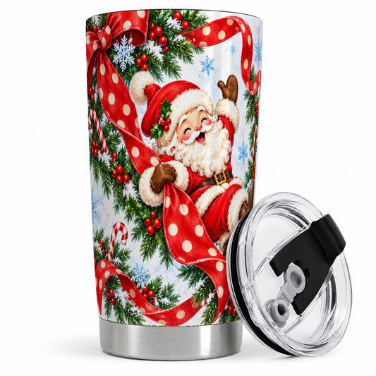 Jolly Santa Claus 20oz Tumbler, Christmas Red Polka Dot Ribbon Design