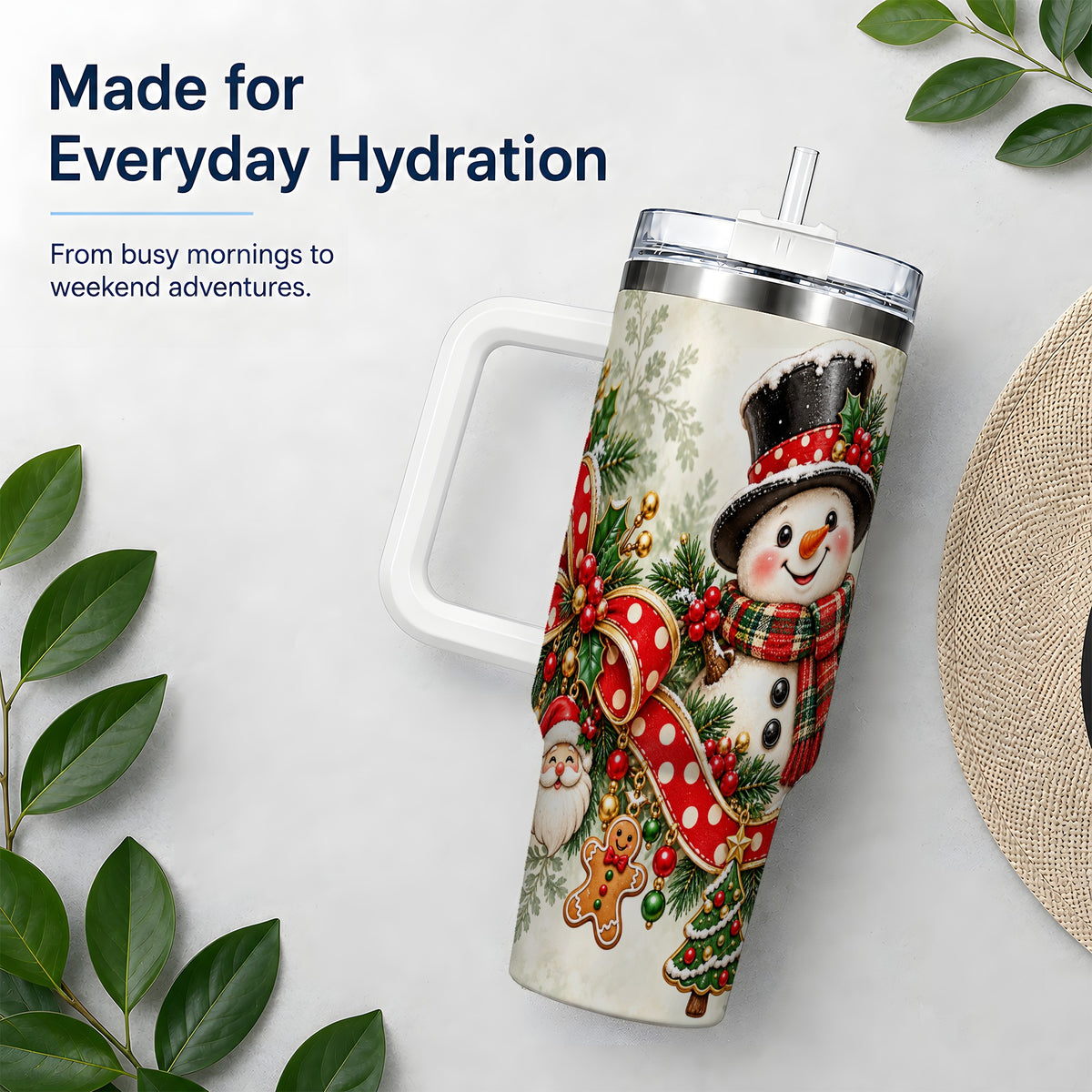 Christmas Snowman Tumbler, 40oz Handled Stainless Steel Drinkware