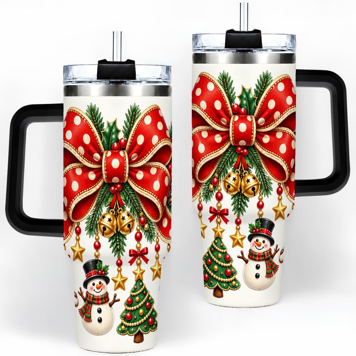 #pl[40oz|Black] Christmas Bow Ornaments Tumbler, 40oz Handled Stainless Steel Drinkware