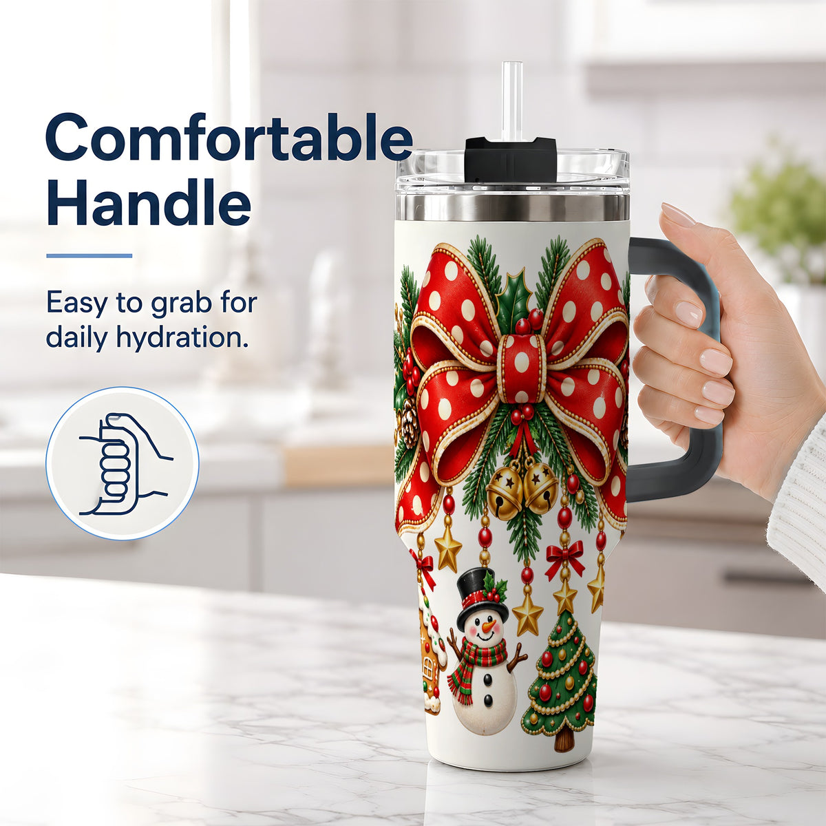 #pl[40oz|Black] Christmas Bow Ornaments Tumbler, 40oz Handled Stainless Steel Drinkware