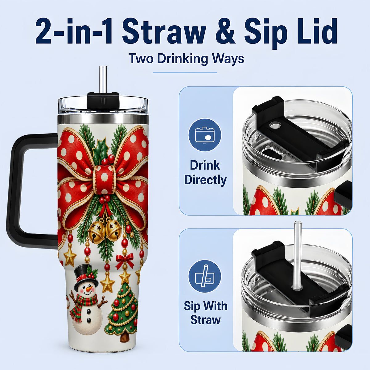 #pl[40oz|Black] Christmas Bow Ornaments Tumbler, 40oz Handled Stainless Steel Drinkware