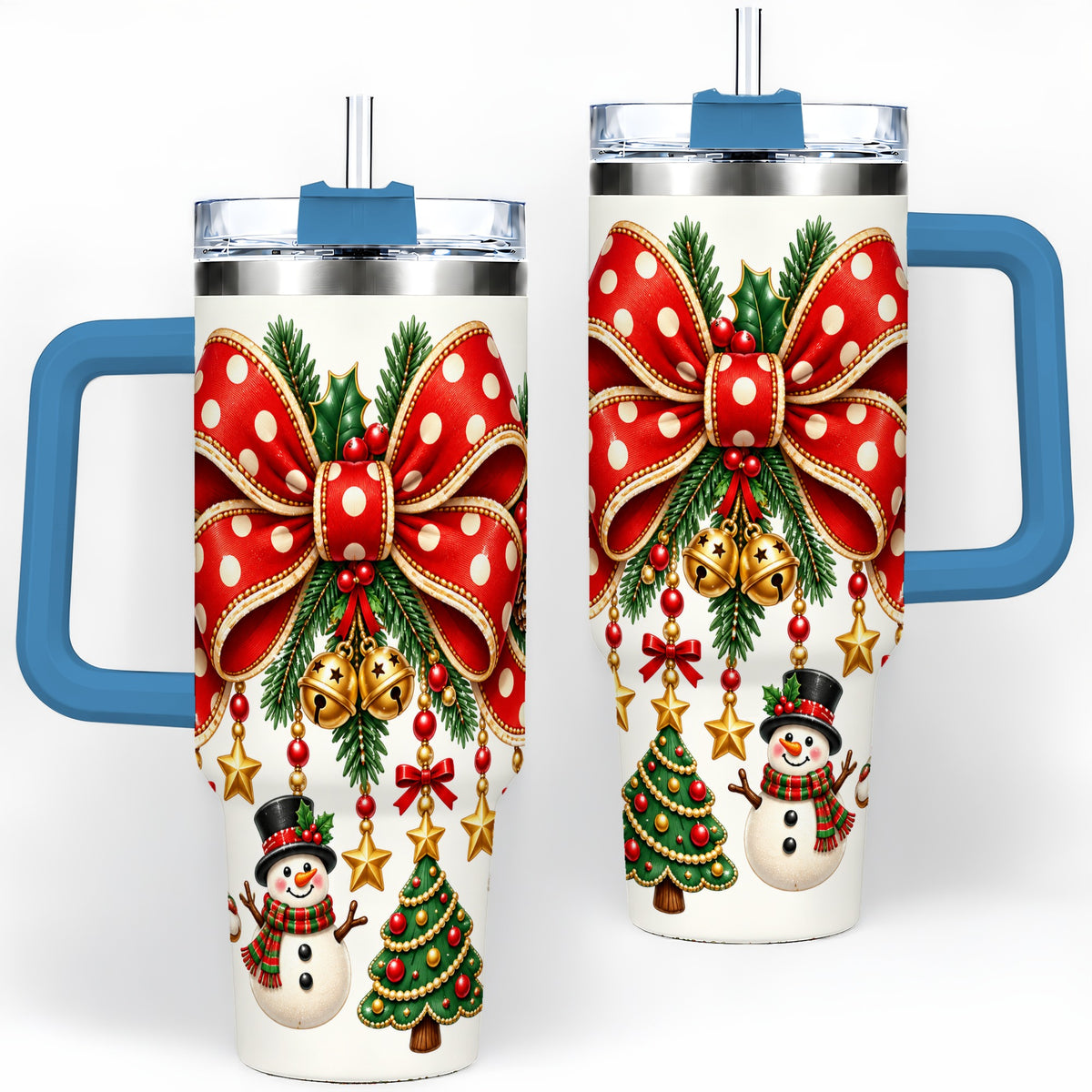 #pl[40oz|Blue] Christmas Bow Ornaments Tumbler, 40oz Handled Stainless Steel Drinkware