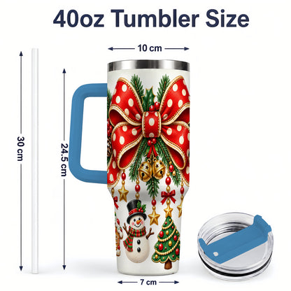 #pl[40oz|Blue] Christmas Bow Ornaments Tumbler, 40oz Handled Stainless Steel Drinkware