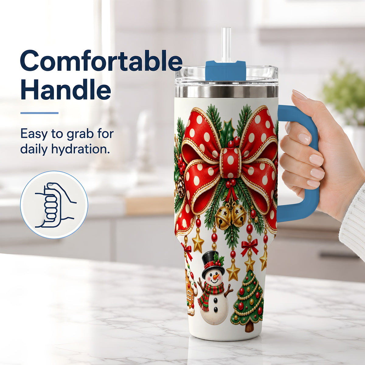#pl[40oz|Blue] Christmas Bow Ornaments Tumbler, 40oz Handled Stainless Steel Drinkware