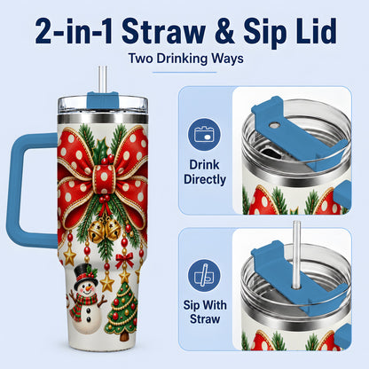 #pl[40oz|Blue] Christmas Bow Ornaments Tumbler, 40oz Handled Stainless Steel Drinkware