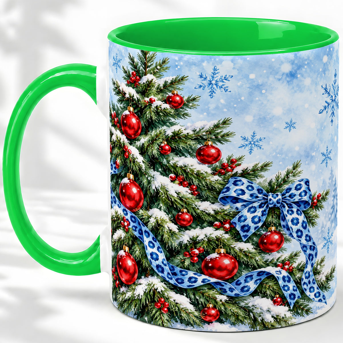 #pl[11oz|Green] Blue Leopard Bow Christmas Tree Accent Mug, Ceramic Coffee Cup