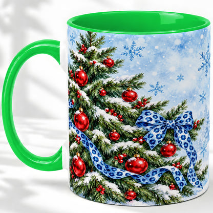 #pl[11oz|Green] Blue Leopard Bow Christmas Tree Accent Mug, Ceramic Coffee Cup