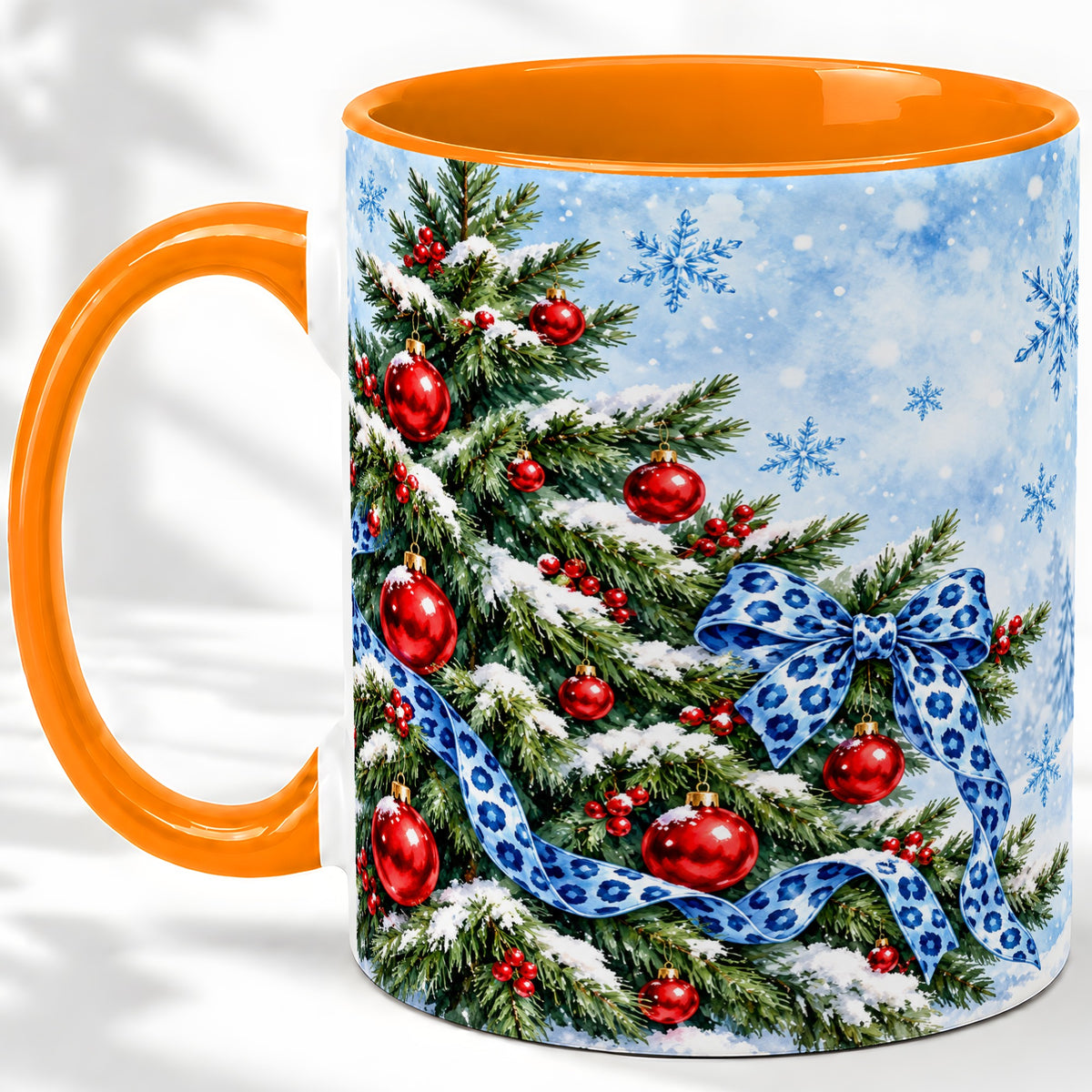 #pl[11oz|Orange] Blue Leopard Bow Christmas Tree Accent Mug, Ceramic Coffee Cup