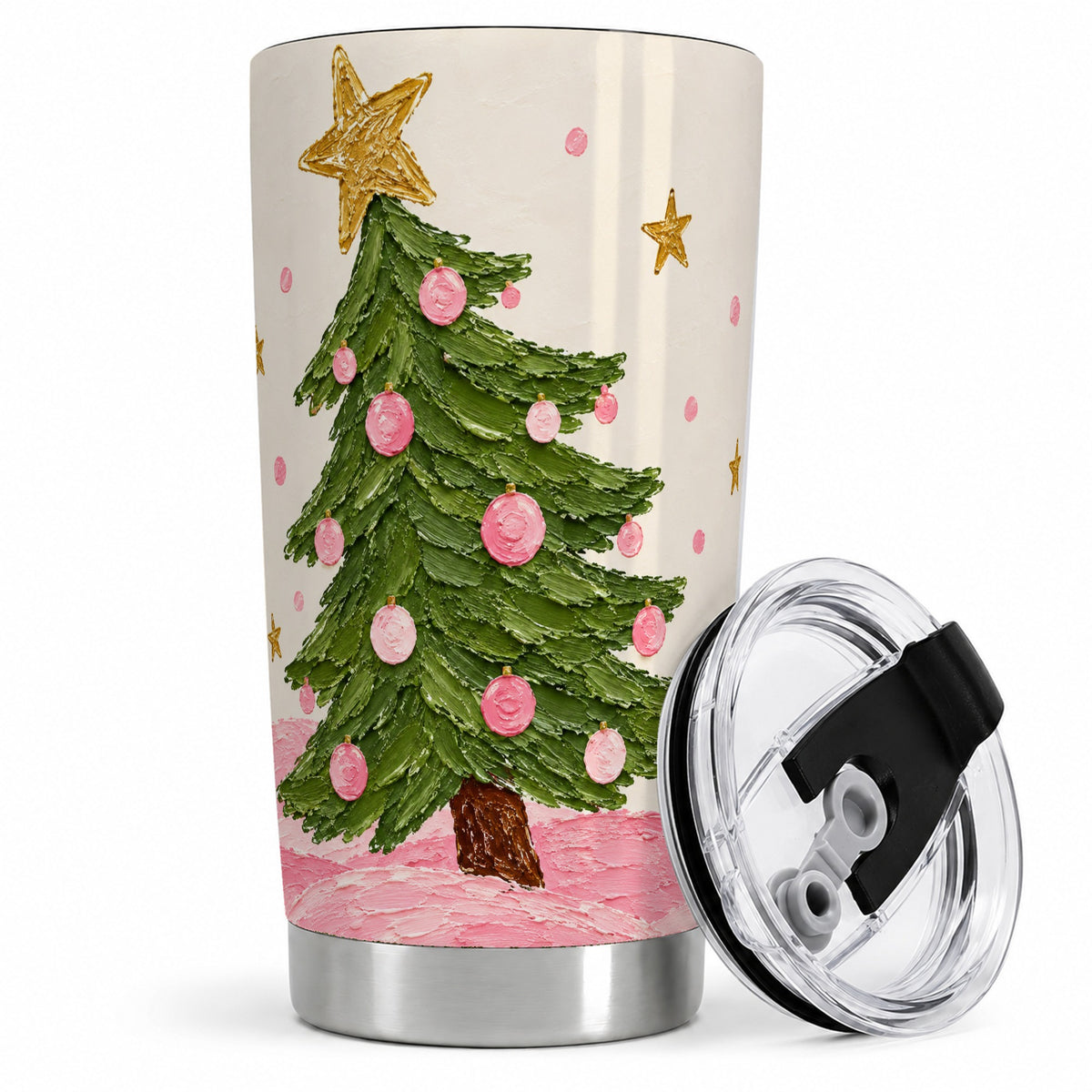 Pink Christmas Tree 20oz Tumbler, Oil Painting Style Holiday Artwork