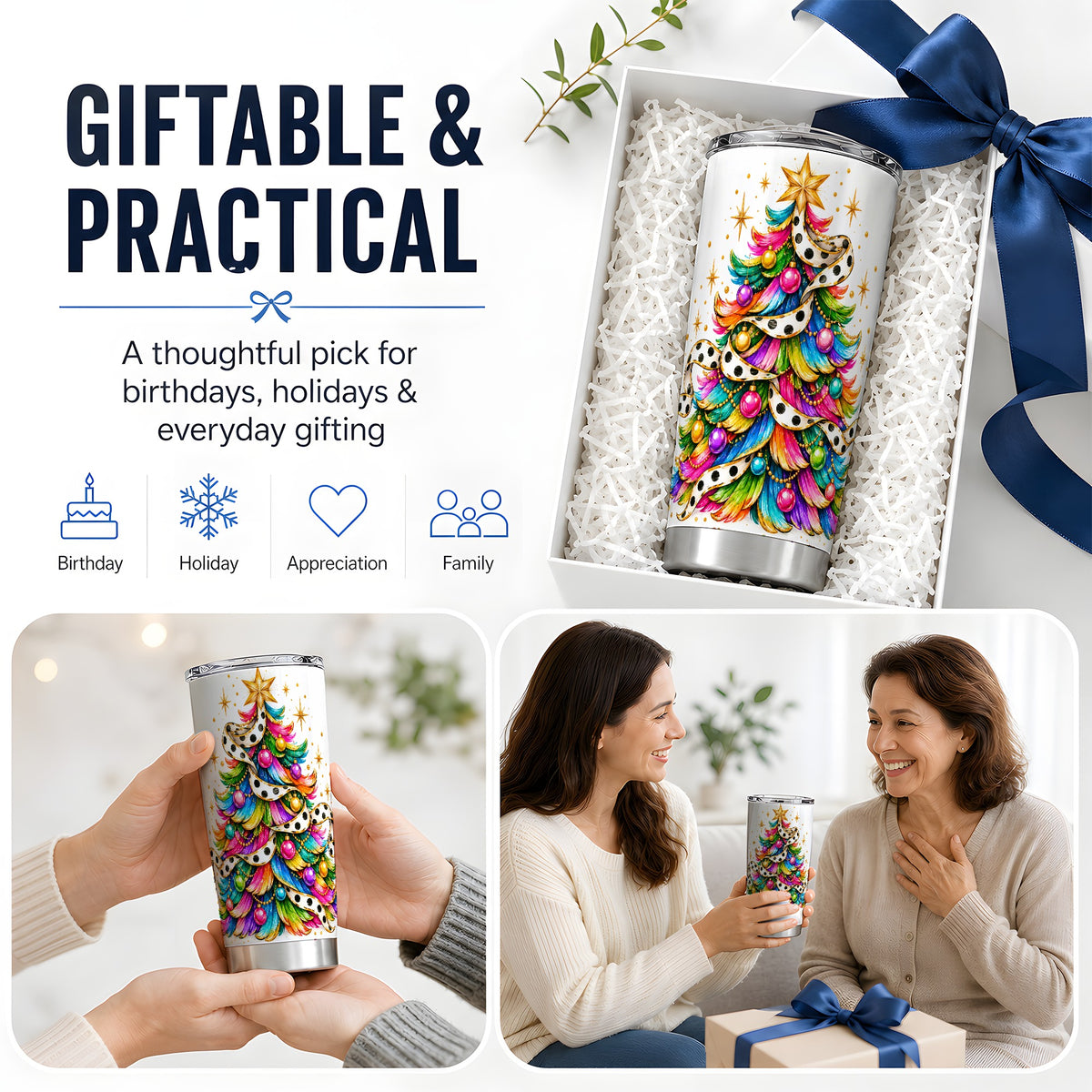Colorful Christmas Tree 20oz Tumbler, Rainbow Holiday Ornament Design