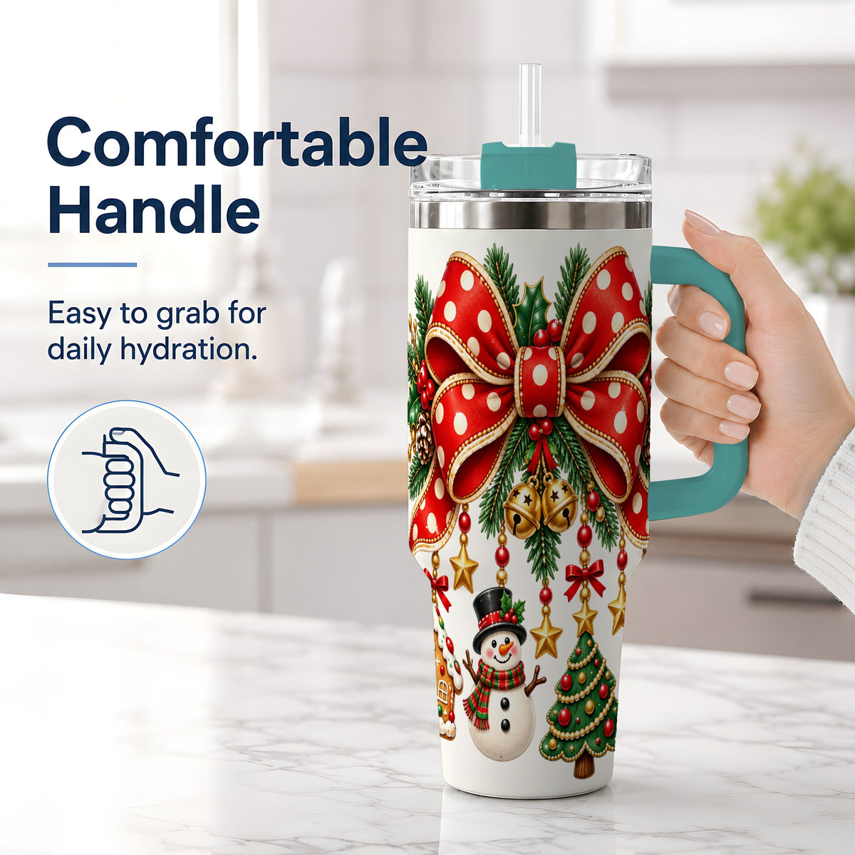 #pl[40oz|Green] Christmas Bow Ornaments Tumbler, 40oz Handled Stainless Steel Drinkware