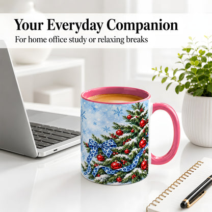 #pl[11oz|Pink] Blue Leopard Bow Christmas Tree Accent Mug, Ceramic Coffee Cup