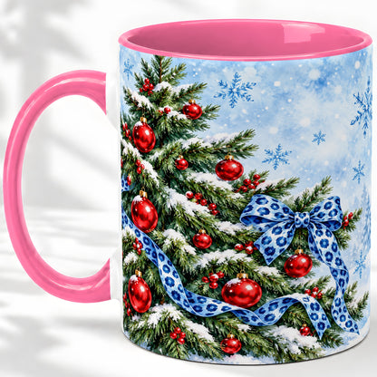 #pl[11oz|Pink] Blue Leopard Bow Christmas Tree Accent Mug, Ceramic Coffee Cup