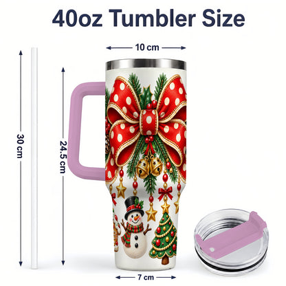 #pl[40oz|Pink] Christmas Bow Ornaments Tumbler, 40oz Handled Stainless Steel Drinkware