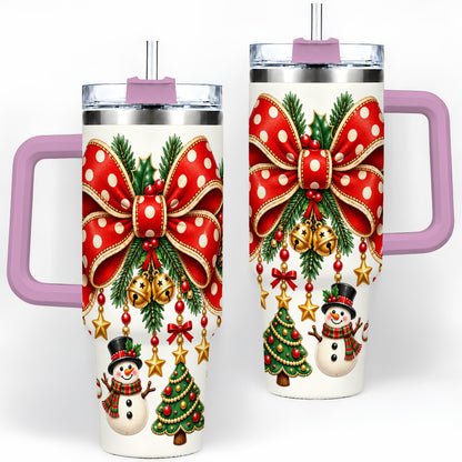 #pl[40oz|Pink] Christmas Bow Ornaments Tumbler, 40oz Handled Stainless Steel Drinkware