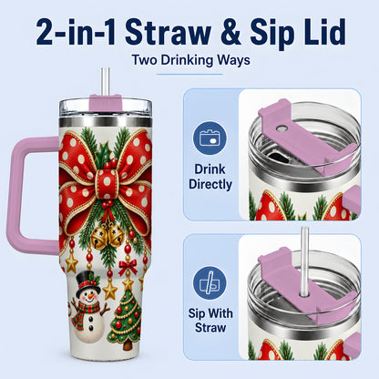 #pl[40oz|Pink] Christmas Bow Ornaments Tumbler, 40oz Handled Stainless Steel Drinkware