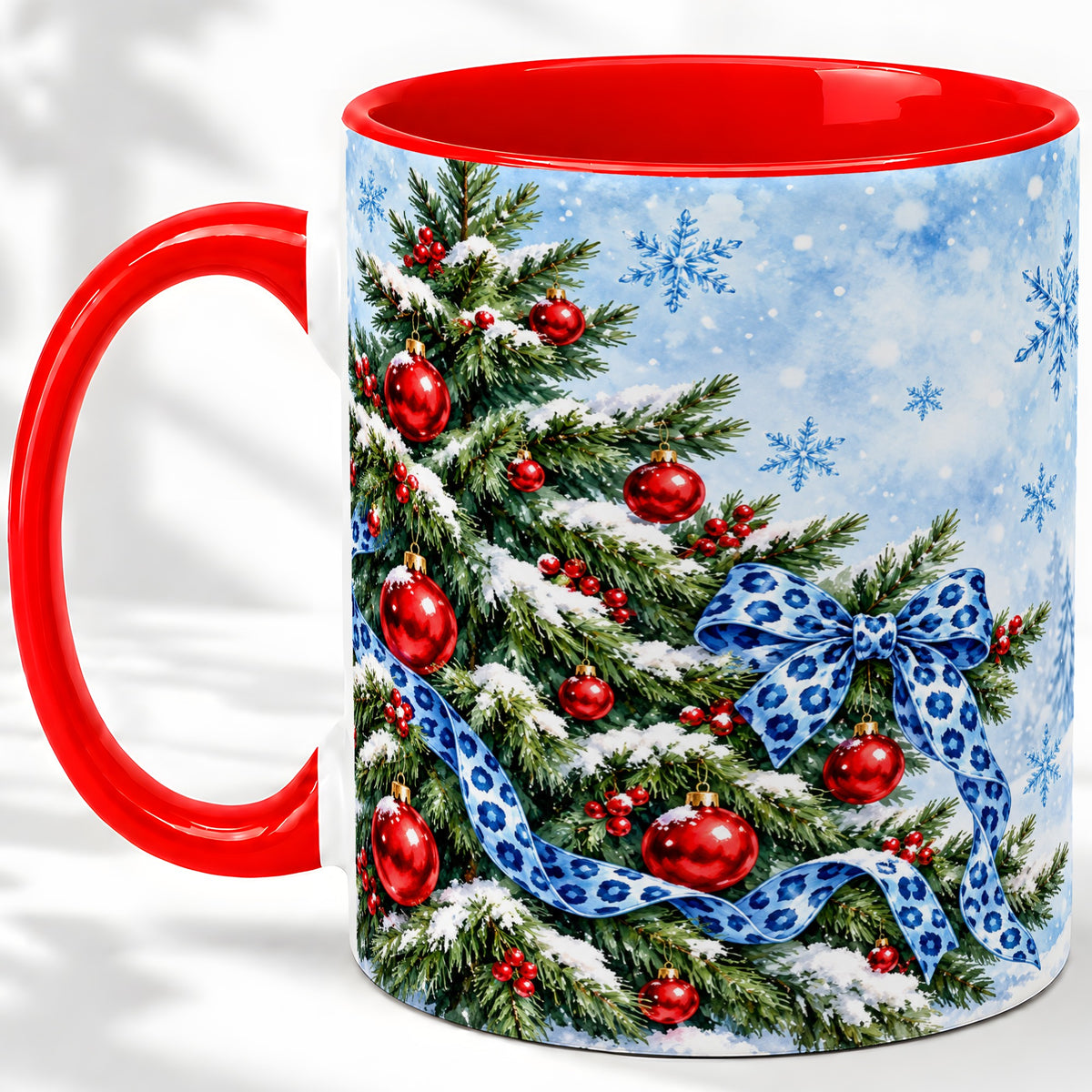 Blue Leopard Bow Christmas Tree Accent Mug, Ceramic Coffee Cup