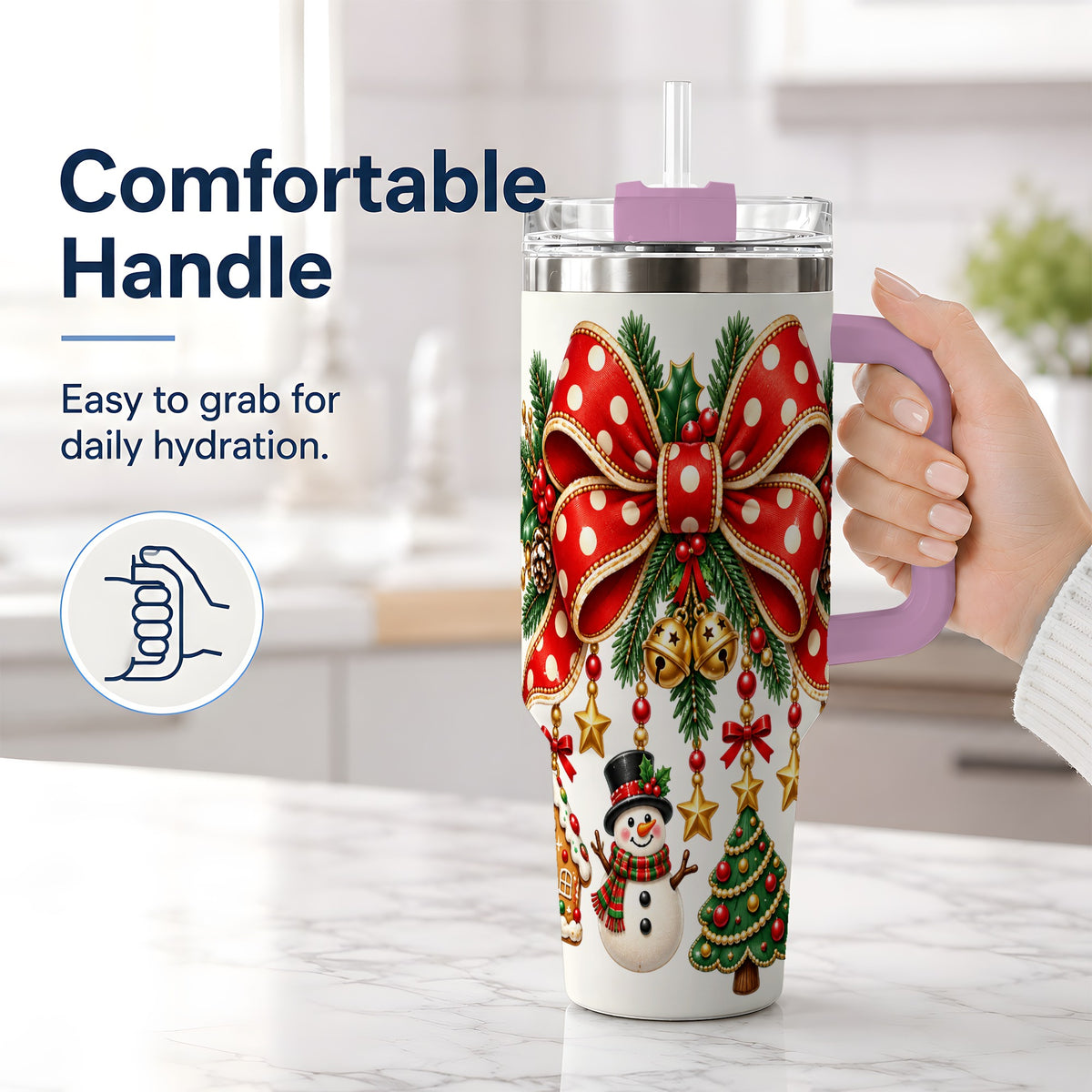 #pl[40oz|Pink] Christmas Bow Ornaments Tumbler, 40oz Handled Stainless Steel Drinkware