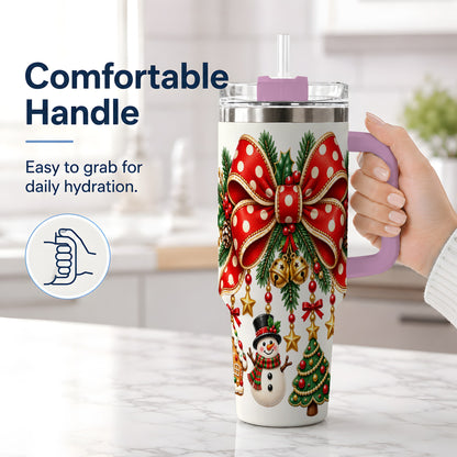 #pl[40oz|Pink] Christmas Bow Ornaments Tumbler, 40oz Handled Stainless Steel Drinkware