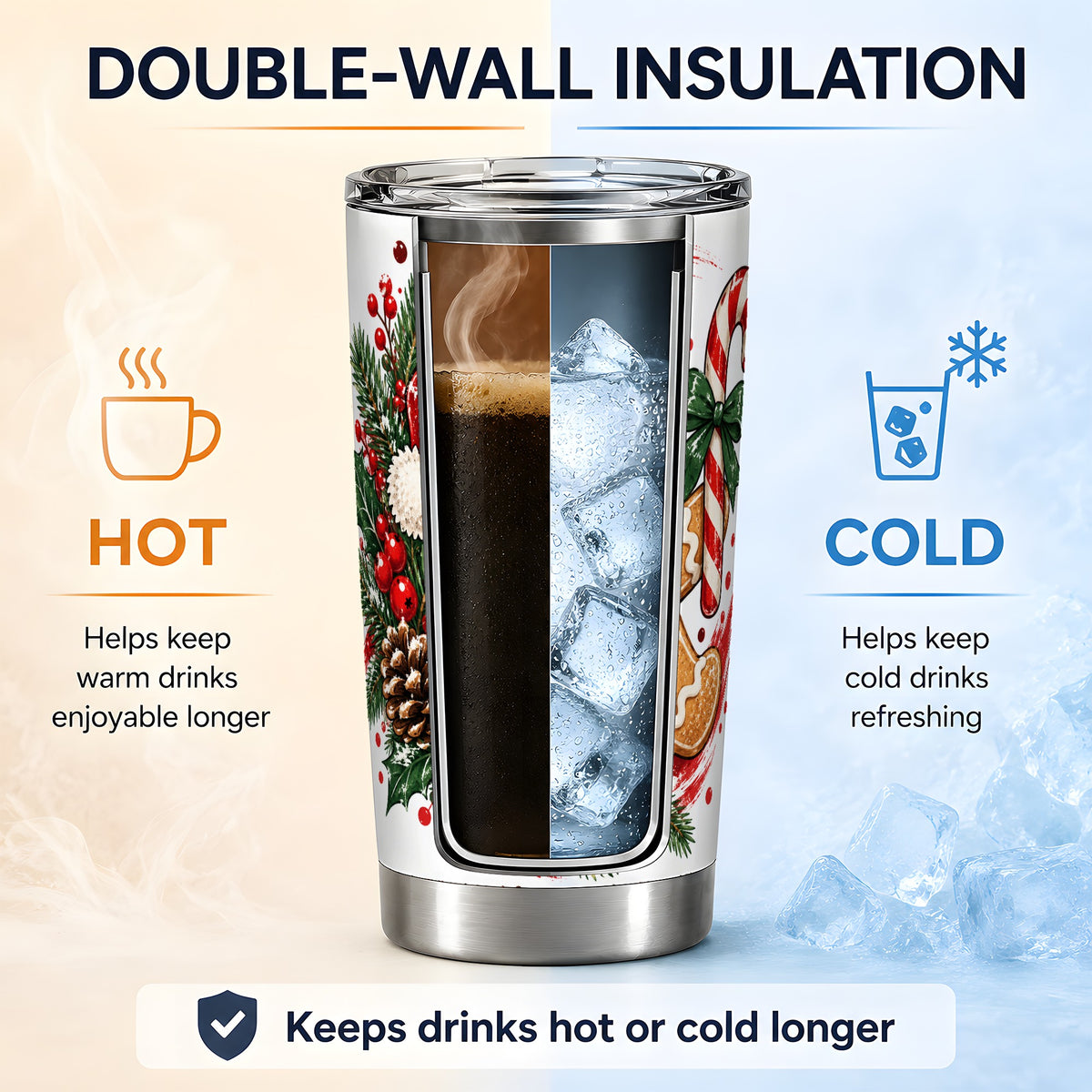 Christmas Gingerbread Man 20oz Tumbler, Stainless Steel Holiday Drinkware