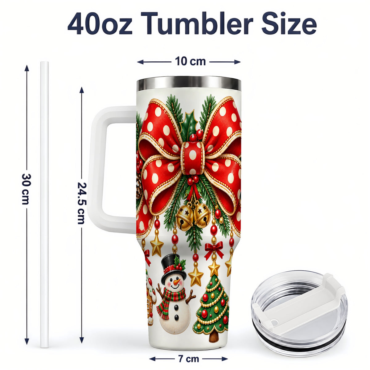 #pl[40oz|White] Christmas Bow Ornaments Tumbler, 40oz Handled Stainless Steel Drinkware