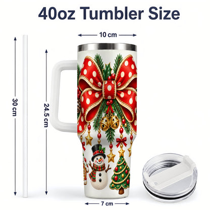 #pl[40oz|White] Christmas Bow Ornaments Tumbler, 40oz Handled Stainless Steel Drinkware