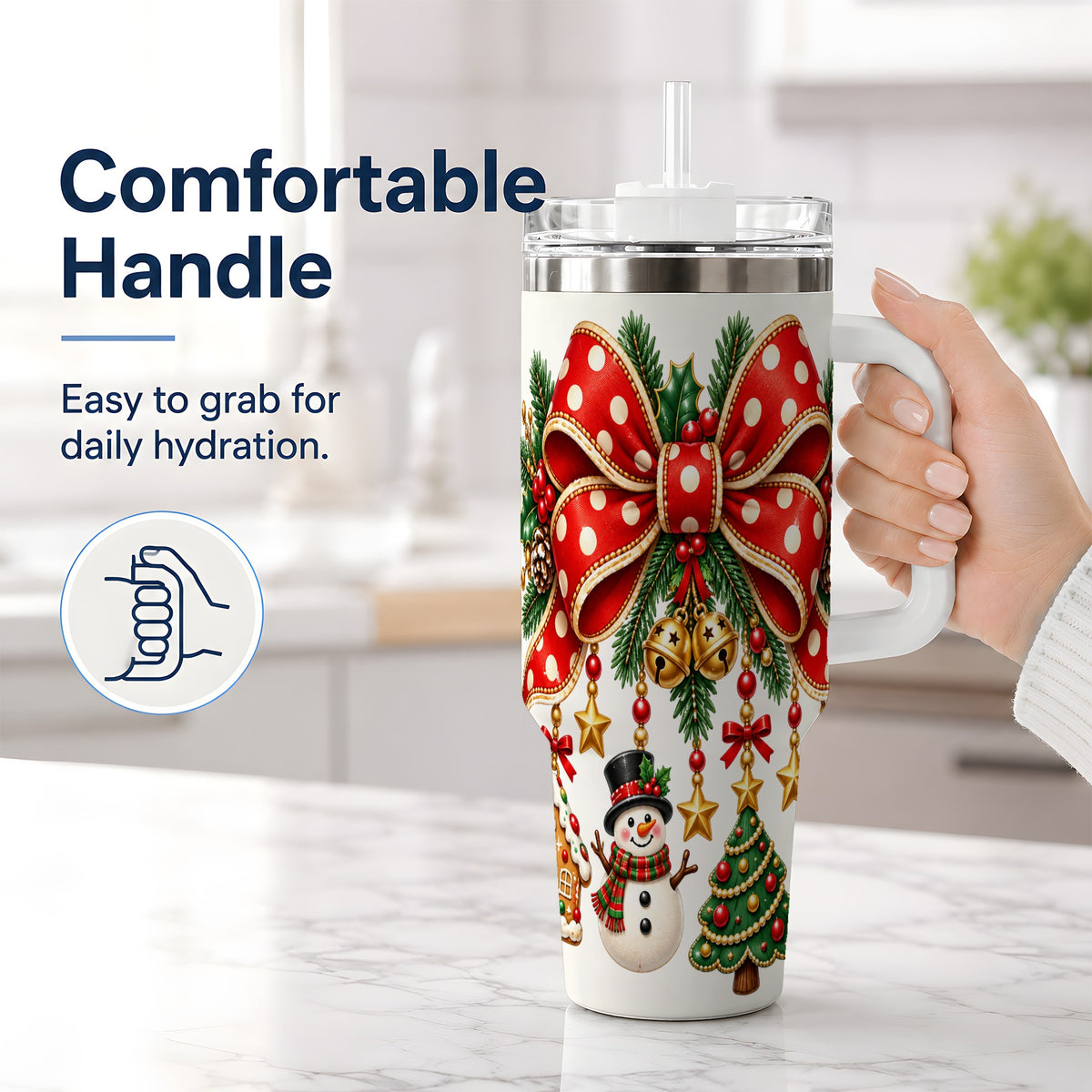 #pl[40oz|White] Christmas Bow Ornaments Tumbler, 40oz Handled Stainless Steel Drinkware