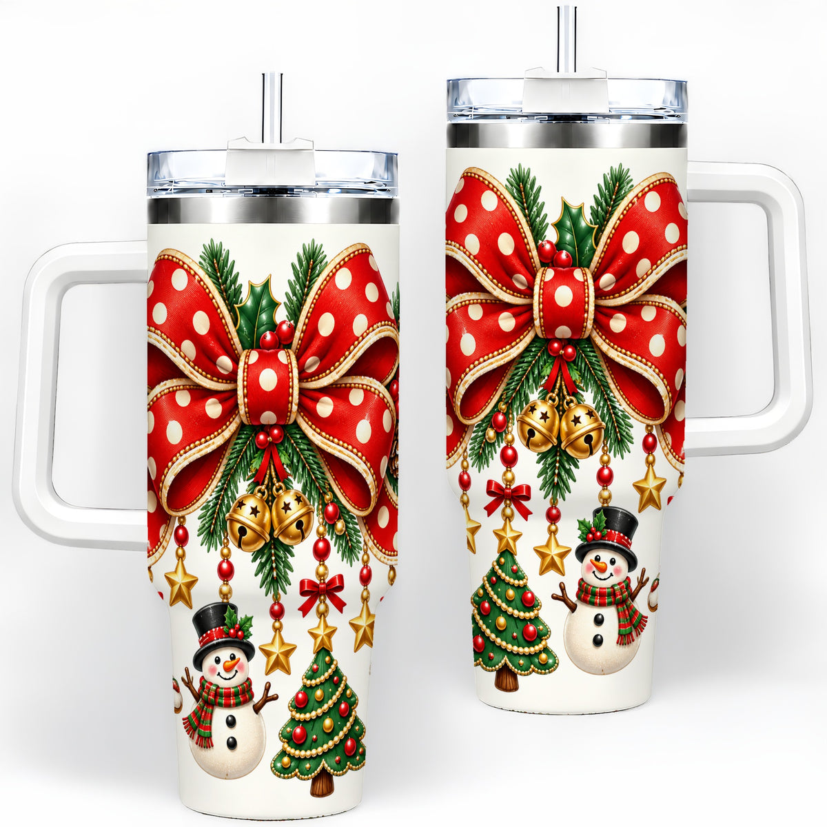 Christmas Bow Ornaments Tumbler, 40oz Handled Stainless Steel Drinkware