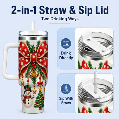 #pl[40oz|White] Christmas Bow Ornaments Tumbler, 40oz Handled Stainless Steel Drinkware
