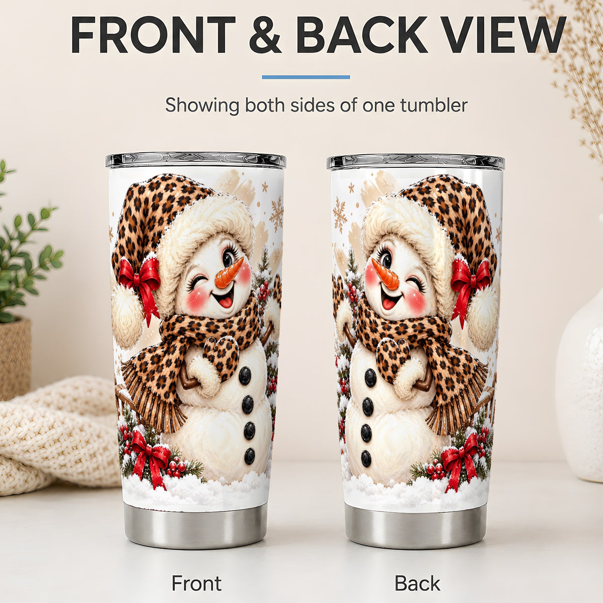 #pl[20oz|Steel] Leopard Print Snowman 20oz Tumbler, Stainless Steel Christmas Drinkware