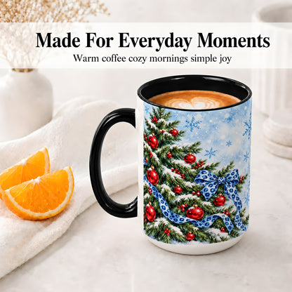 #pl[15oz|Black] Blue Leopard Bow Christmas Tree Accent Mug, Ceramic Coffee Cup