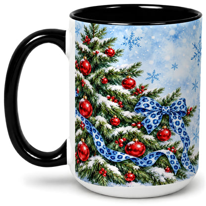 #pl[15oz|Black] Blue Leopard Bow Christmas Tree Accent Mug, Ceramic Coffee Cup