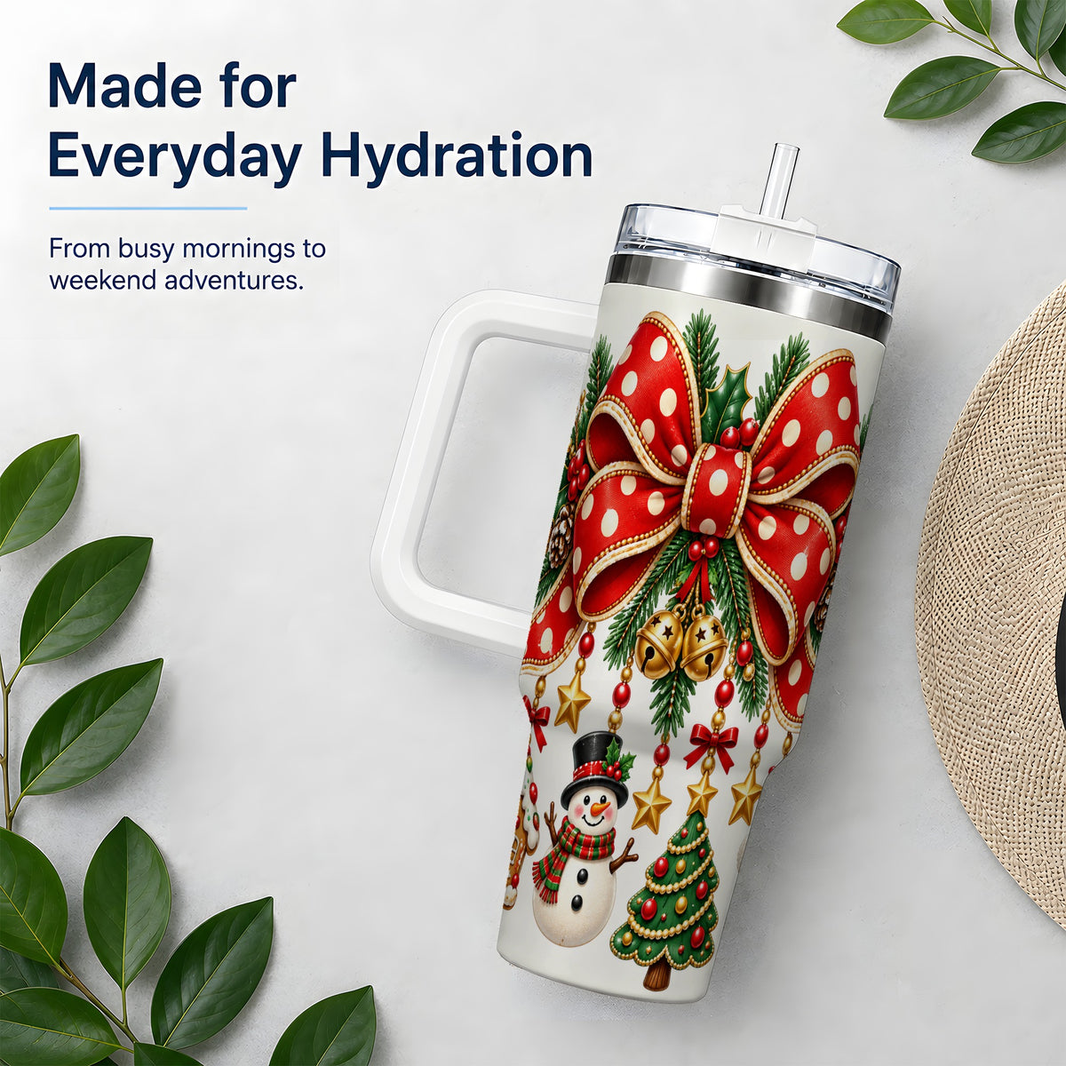 Christmas Bow Ornaments Tumbler, 40oz Handled Stainless Steel Drinkware