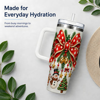 Christmas Bow Ornaments Tumbler, 40oz Handled Stainless Steel Drinkware