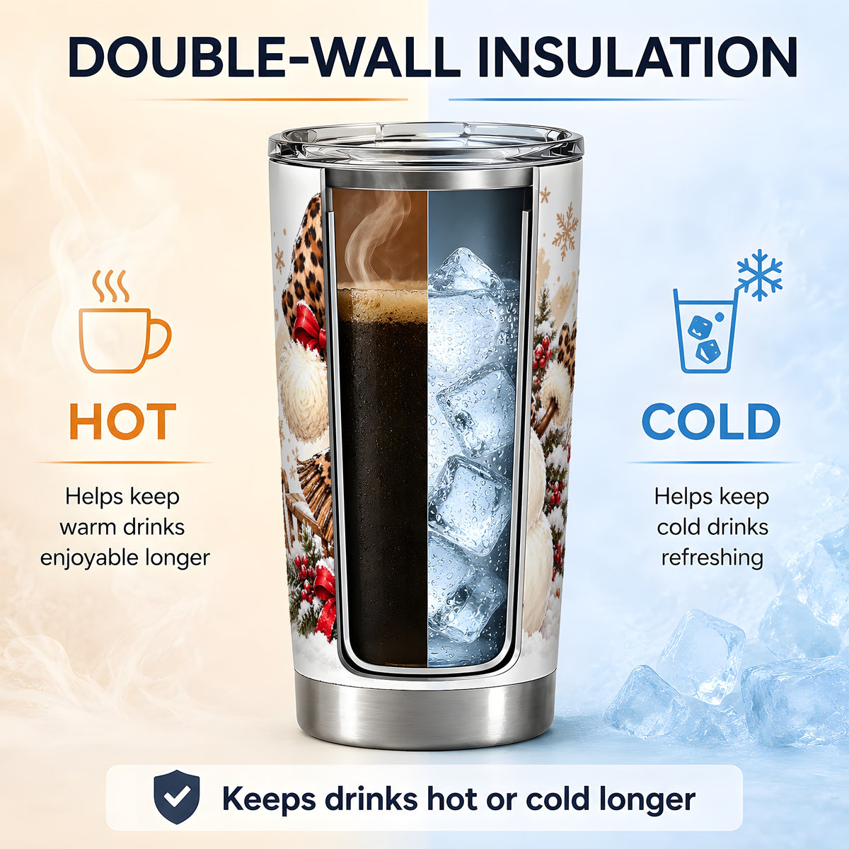 Leopard Print Snowman 20oz Tumbler, Stainless Steel Christmas Drinkware