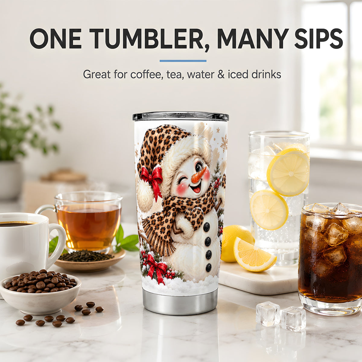 Leopard Print Snowman 20oz Tumbler, Stainless Steel Christmas Drinkware