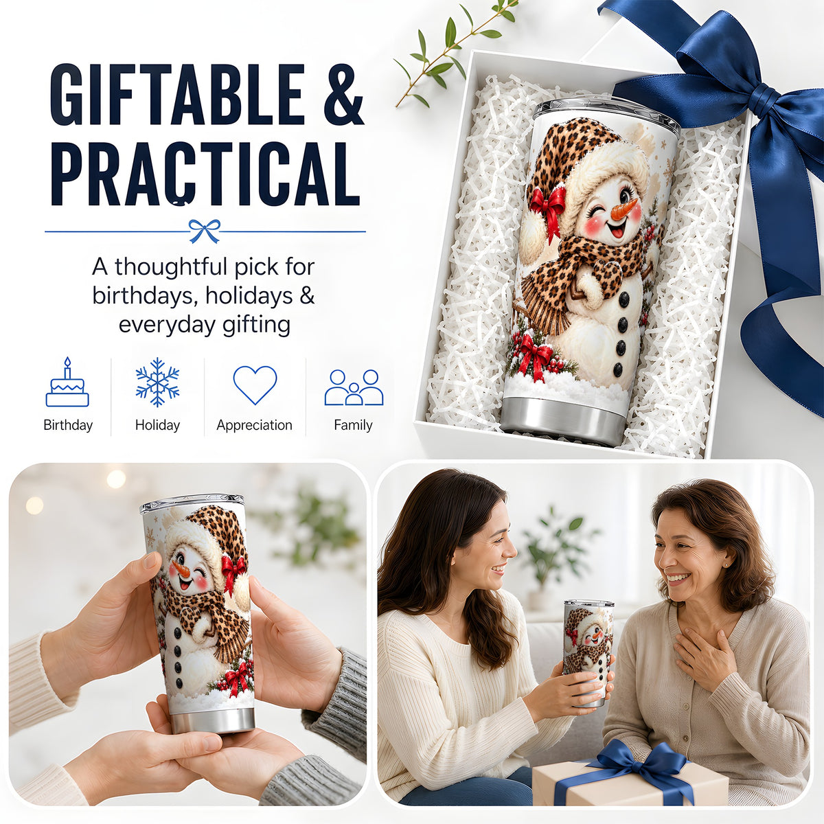 Leopard Print Snowman 20oz Tumbler, Stainless Steel Christmas Drinkware