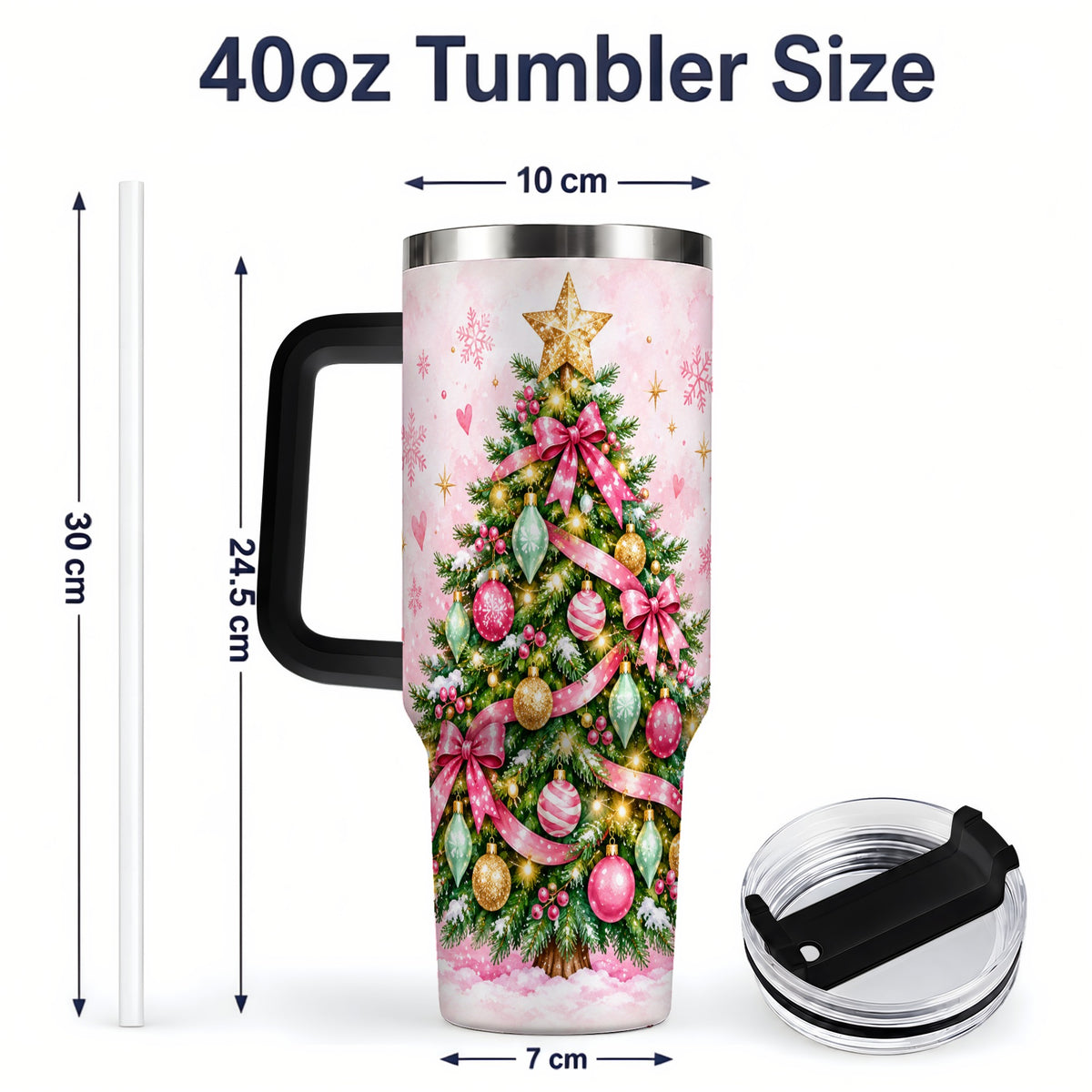 #pl[40oz|Black] Pink Christmas Tree Tumbler, 40oz Handled Stainless Steel Drinkware