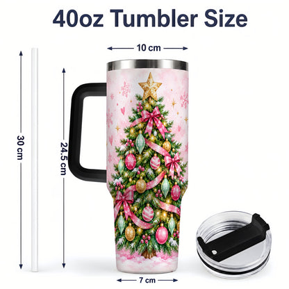 #pl[40oz|Black] Pink Christmas Tree Tumbler, 40oz Handled Stainless Steel Drinkware