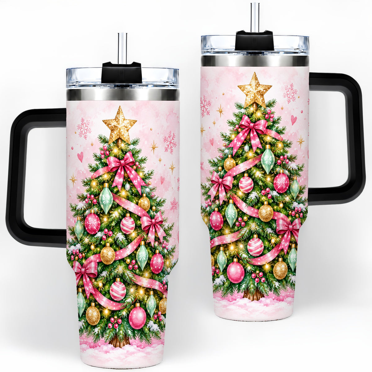#pl[40oz|Black] Pink Christmas Tree Tumbler, 40oz Handled Stainless Steel Drinkware
