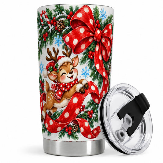 Christmas Reindeer 20oz Tumbler, Stainless Steel Red Ribbon Drinkware