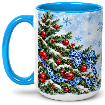 #pl[15oz|Blue] Blue Leopard Bow Christmas Tree Accent Mug, Ceramic Coffee Cup