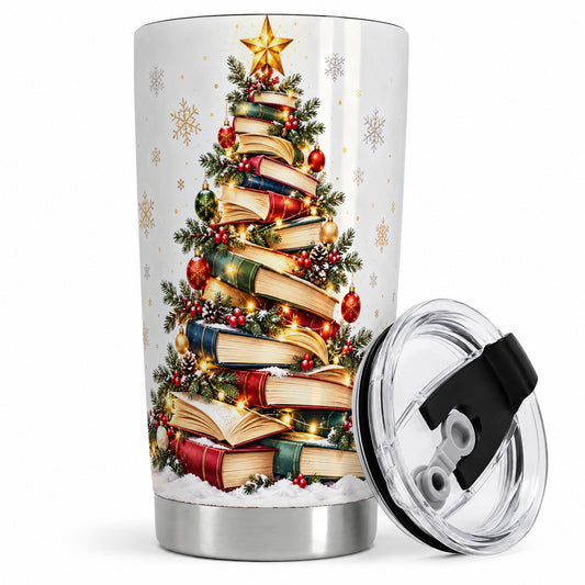 Christmas Book Tree 20oz Tumbler, Stainless Steel Book Lover Drinkware
