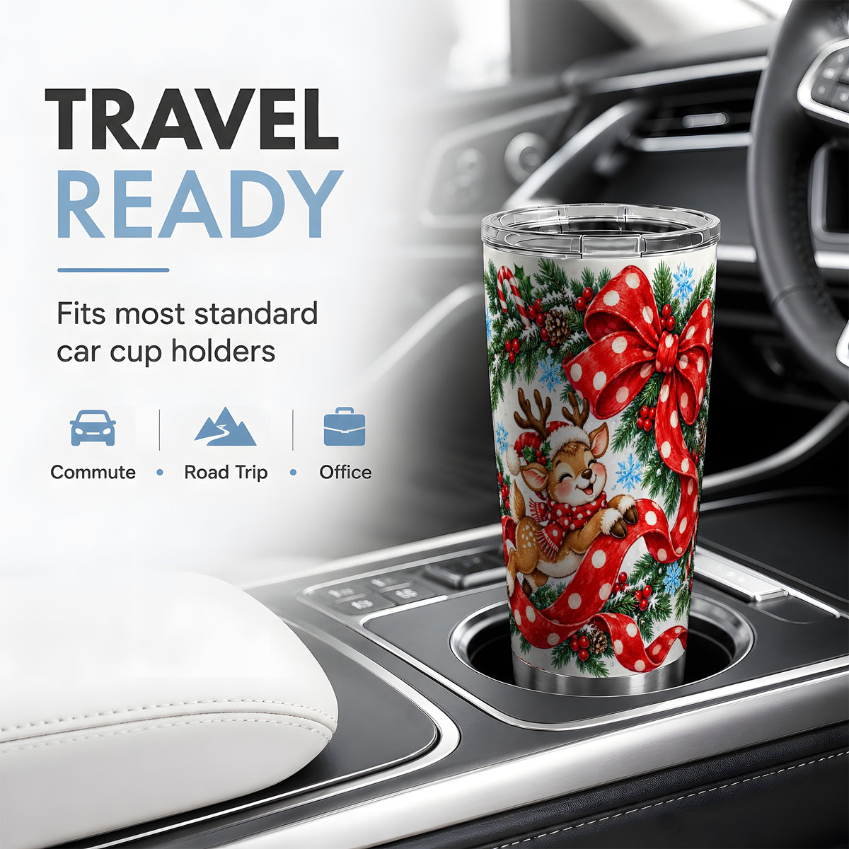 Christmas Reindeer 20oz Tumbler, Stainless Steel Red Ribbon Drinkware