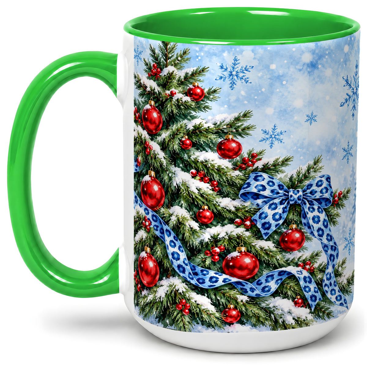 #pl[15oz|Green] Blue Leopard Bow Christmas Tree Accent Mug, Ceramic Coffee Cup